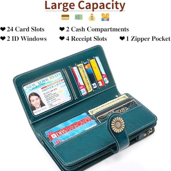 Women's Leather Credit Card Holder RFID Blocking Large Capacity Wristlet Wallet - Picture 4 of 11